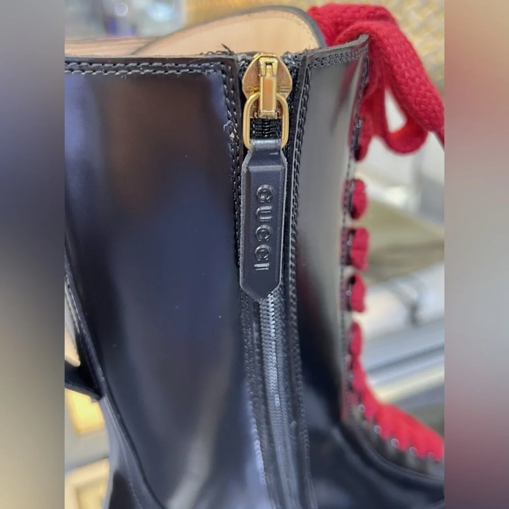 New GUCCI Black Leather Sylvie Web Stripe Lace Up Combat Boots Size 36.5 - Picture 2 of 13